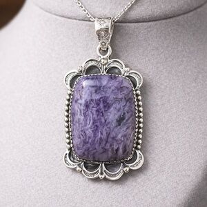 Natural Charoite 925 Silver Pendant – Silk Patterned Stone Purple Gemstone #557